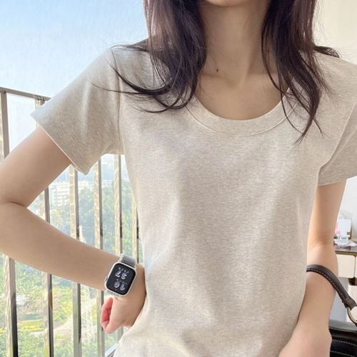 Summer  new slim classic basic U-neck gray all-match short-sleeved T-shirt female American top bottoming shirt