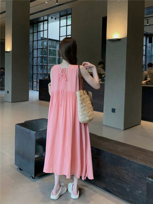 !  Pink Sweet Dress Female Small Sleeveless Loose Pullover Round Neck Back Ties Sundress