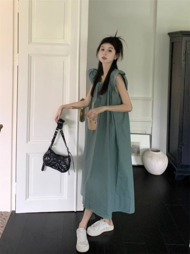 Korean version of Feifei sleeve blue mid-length dress summer 2023 new French style loose casual skirt
