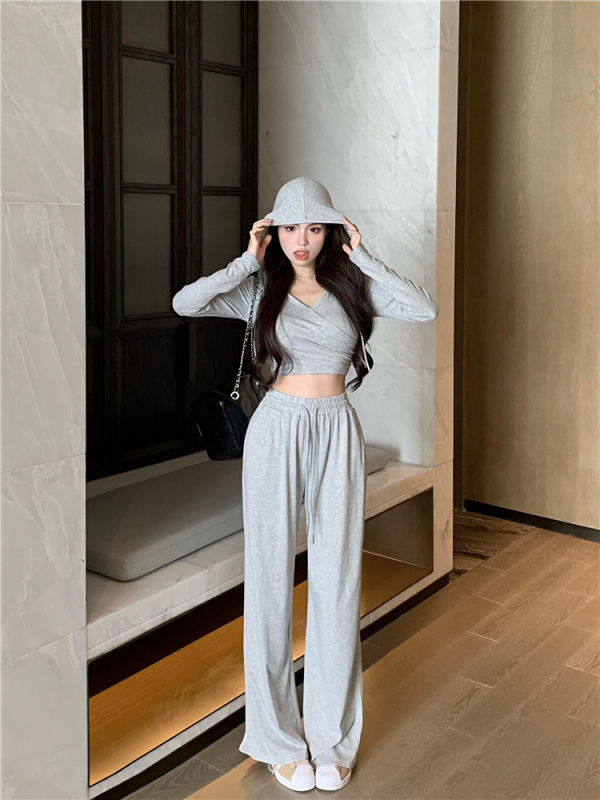 Real price! Korean version design cross short hooded top lazy all-match casual pants two-piece set