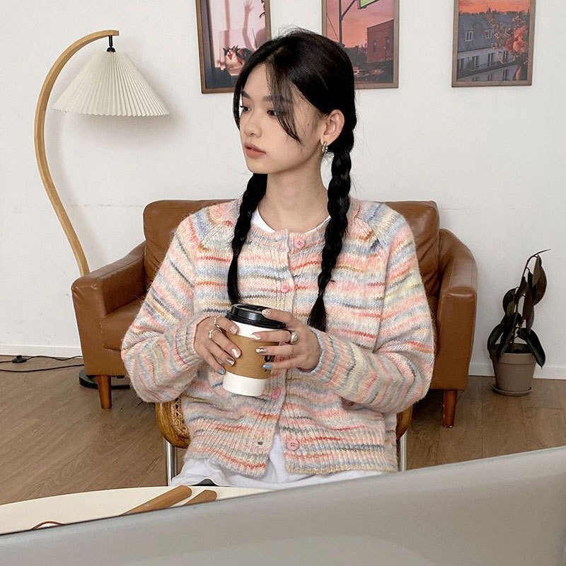 Tie-dye style pink gradient sweater cardigan lazy style design sense niche loose soft waxy round neck sweater jacket
