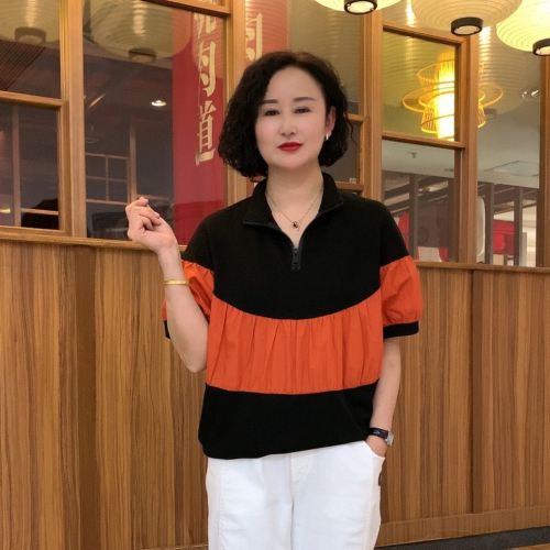 Summer new short-sleeved t-shirt women's Korean version loose and thin splicing contrast color all-match casual large size niche top trend