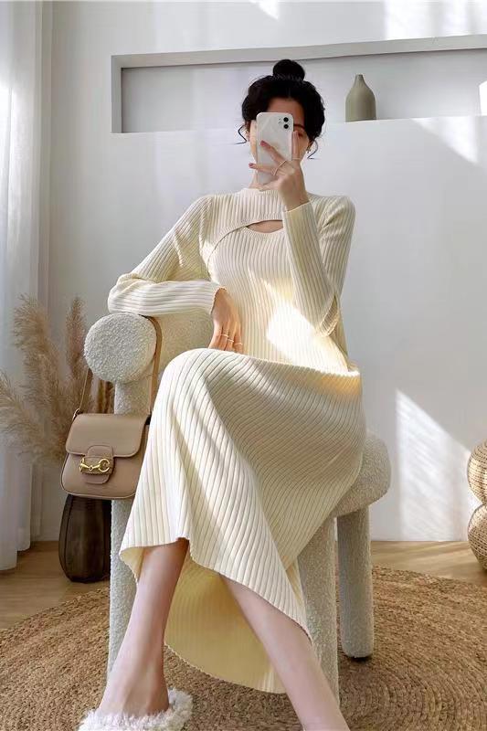 Autumn and winter mid-length sweater skirt over the knee sexy black bottoming inner knitted dress loose long