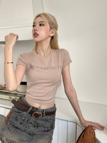 [Positive shoulder pure cotton] American short-sleeved T-shirt female summer hot girl letter printing niche slim slim short top
