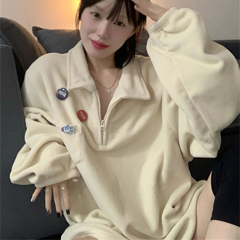 Polar fleece + free 3 badges POLO collar sweatshirt spring and autumn thin loose and versatile 2023 tops and jackets