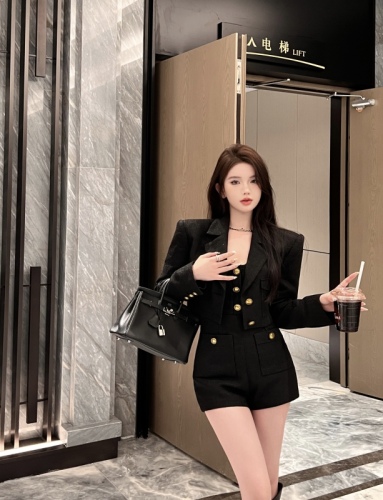 Current Price Hepburn Overture High Quality Woven Heavy Industry Black Gold Jumpsuit/Top/Shorts Suit for Women