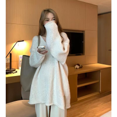 Korean style lazy style V-neck pullover sweater women's spring and autumn 2023 new loose mid-length knitted sweater long-sleeved top