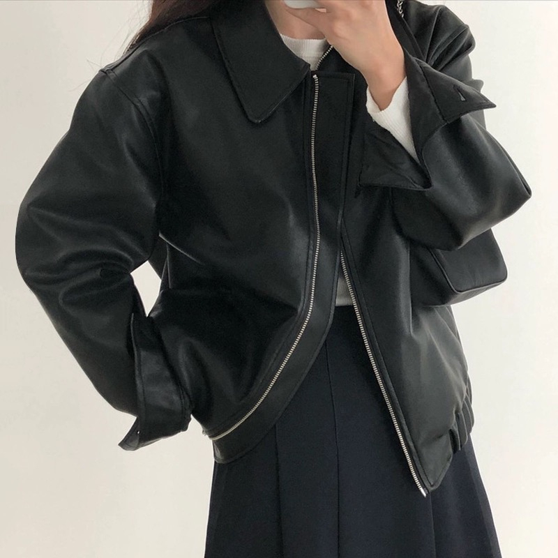 Korean chic autumn personality handsome lapel zipper design loose casual long-sleeved motorcycle suit leather jacket female