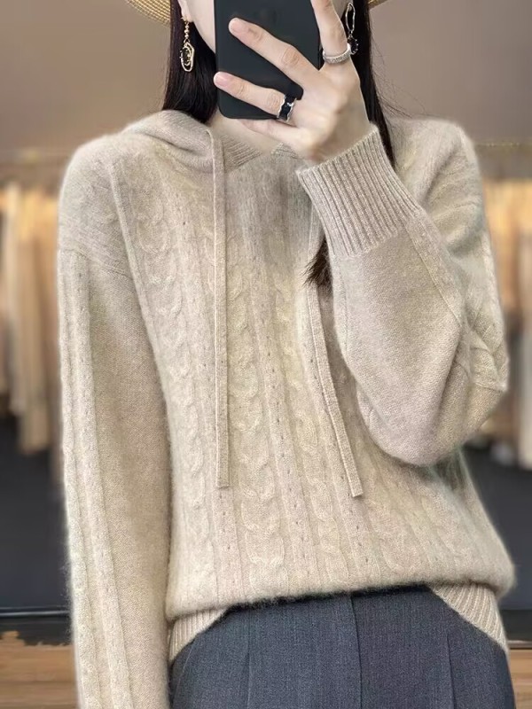 Autumn and winter new cashmere sweater female button flower solid color hooded sweater loose slim wool knitted bottoming shirt