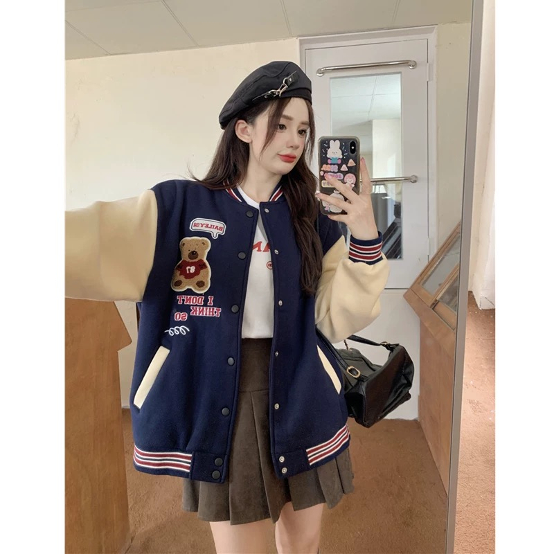 Double screw mouth + ironing map autumn and winter new couple plus velvet baseball jacket female student Hong Kong style bear loose jacket