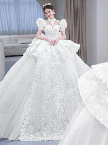 Ice princess wedding dress  new bride main yarn heavy industry luxury trailing high-quality texture court style puff sleeves