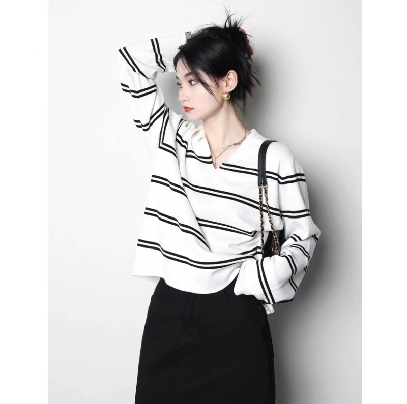 Lulu Liedu Eucalyptus fat plus size women's clothing color matching lapel striped knitted sweater