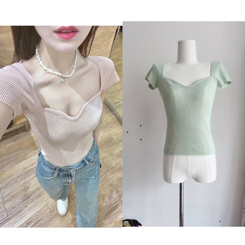 Spice girls pure desire square collar front shoulder ice silk knitted short-sleeved T-shirt women's summer large neckline slim high waist short top
