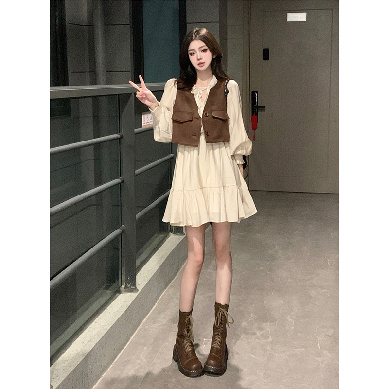 Gentle wind long-sleeved dress suit female spring and autumn new layered vest skirt