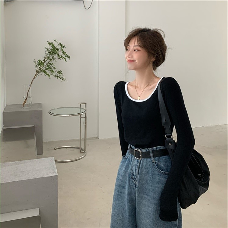 Official picture 90 fiber 10 spandex double-sided velvet grinding large round neck T-shirt women's long-sleeved bottoming shirt