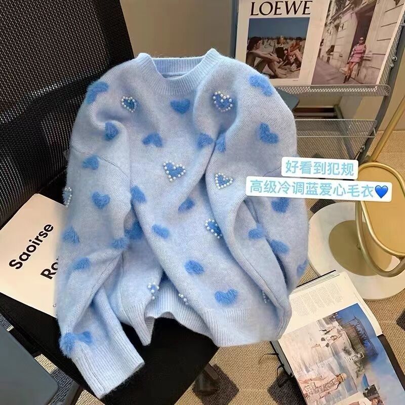 Autumn and winter 2023 new blue heavy industry flocking love design sense niche high-end thick knitted sweater women