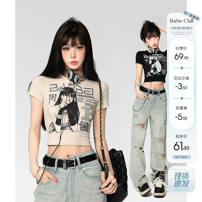 Aunt Barbie American-style shoulder t-shirt female summer hot girl sweet cool dopamine retro print short-sleeved short crop top