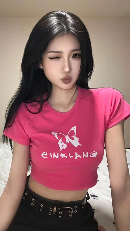 American street short-sleeved women's summer butterfly print retro hot girl front shoulder t-shirt slim fit short top tide