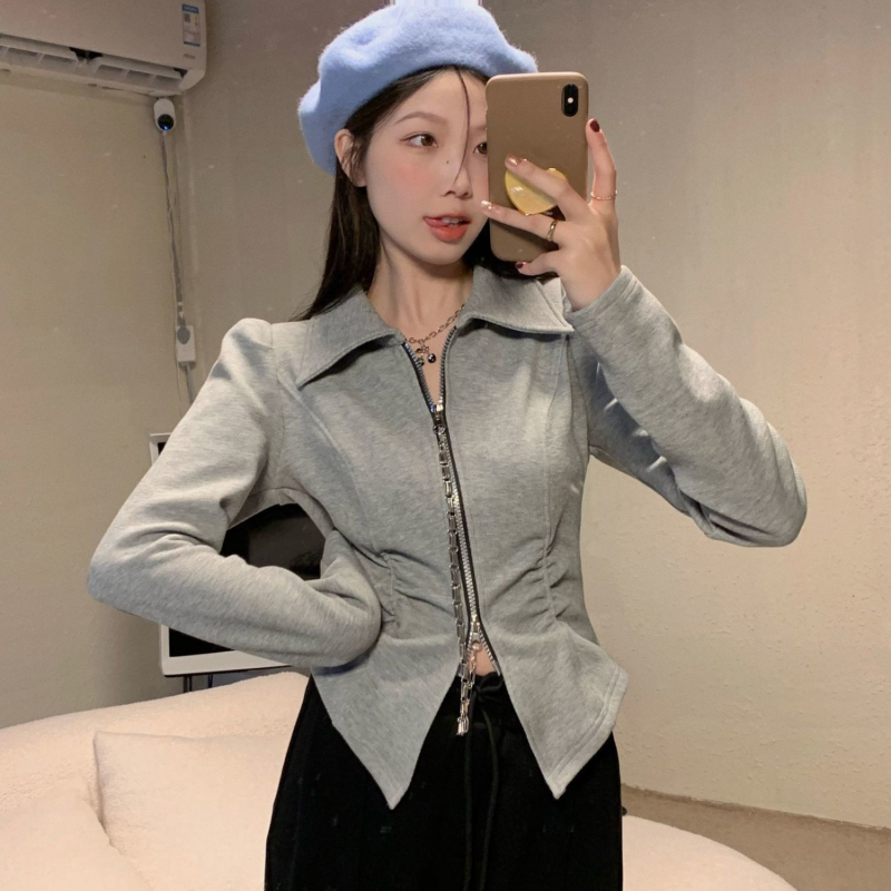 2-color beaded long-sleeved t-shirt women's autumn and winter new style foreign style age-reducing polo collar fashion personality all-match top tide