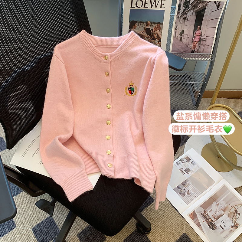 學院風徽章刺繡針織開衫女外套春秋2023新款設計感毛衣