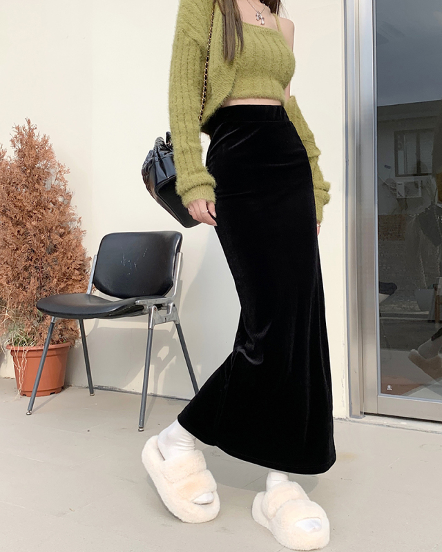 Gold Velvet Skirt Women's High Waist Slim Slim Hip Skirt Medium Length Skirt Regular/Extended Version