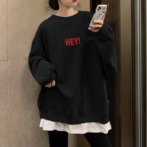 Fake two-piece autumn and winter large-size women's clothing Korean version of the new plus velvet letters loose mid-length long-sleeved sweater women's tops