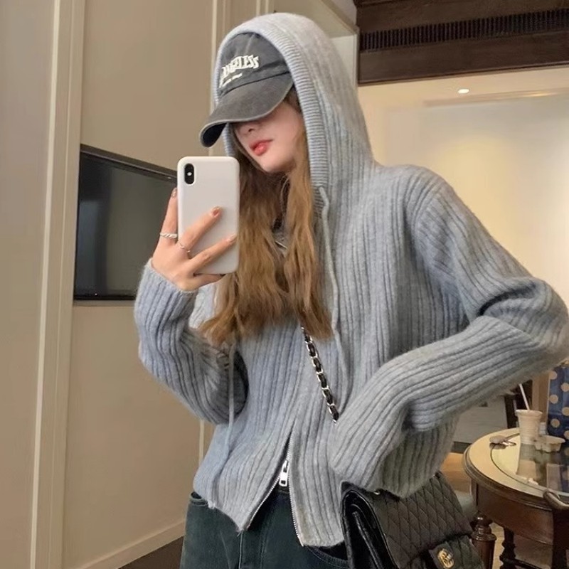 Korean chic chic double zipper hooded knitted cardigan women's spring and autumn high-quality sense short sweater jacket jacket