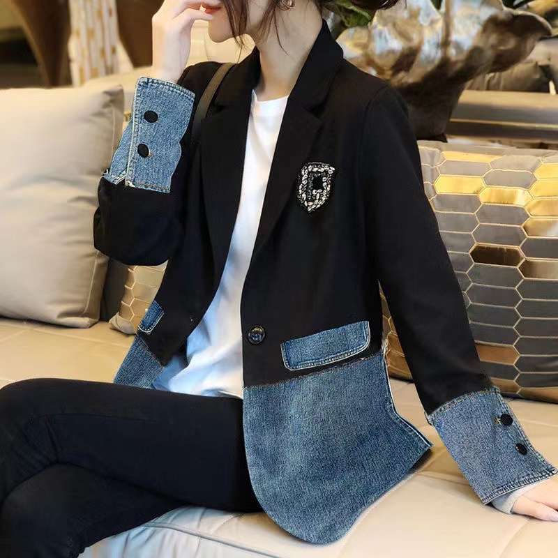 2023 autumn and winter new fashion warm all-match denim splicing large size suit jacket women