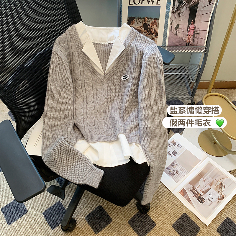 Short long-sleeved knitted sweater women's spring and autumn college style fake two-piece shirt splicing sweater bottoming top