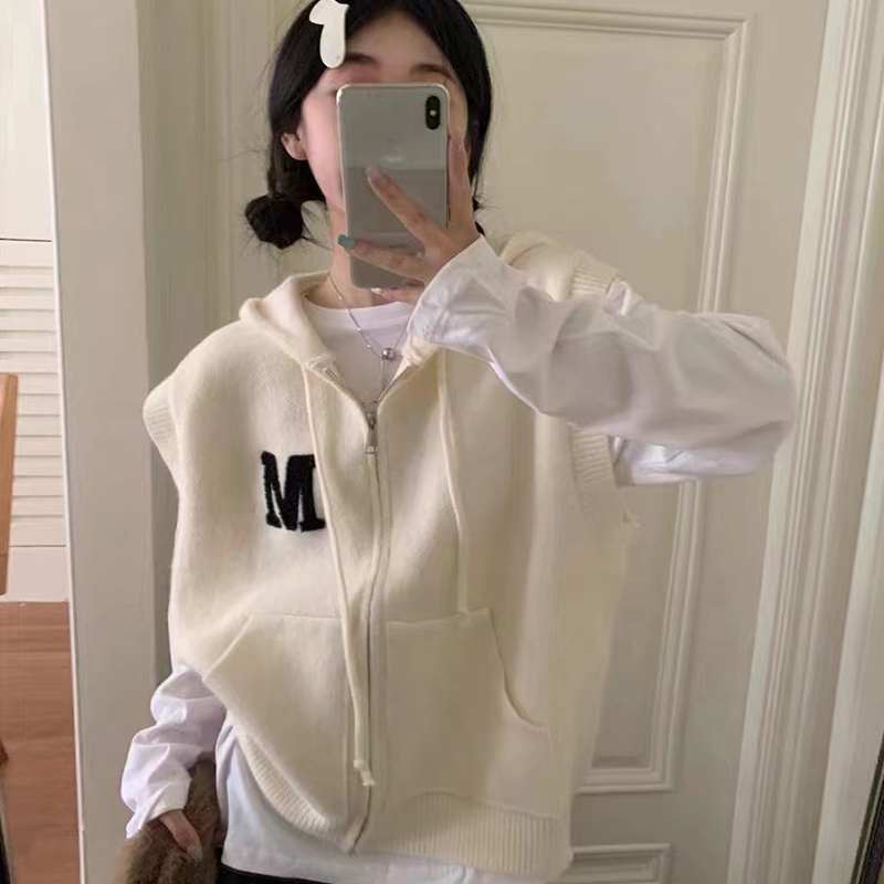 Autumn new Korean style M letter niche hooded zipper casual knitted vest sleeveless vest top women