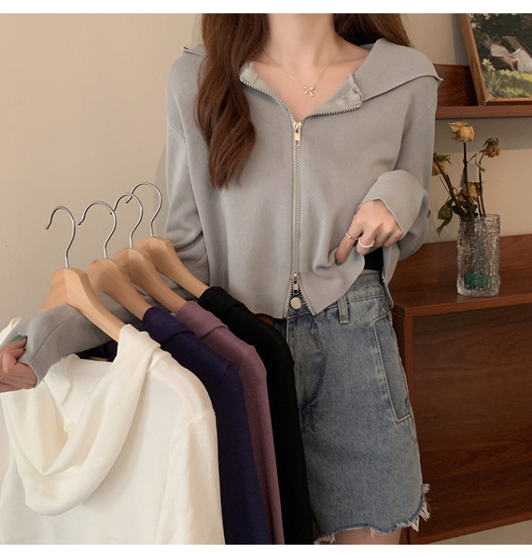 Autumn all-match double zipper hooded short coat temperament ins knitted cardigan top women's tide