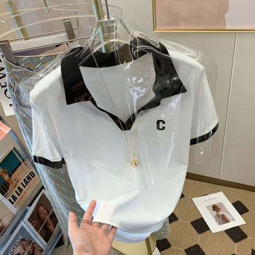 High-end top  new polo collar short-sleeved T-shirt female C letter slim fit and thin short foreign style top tide