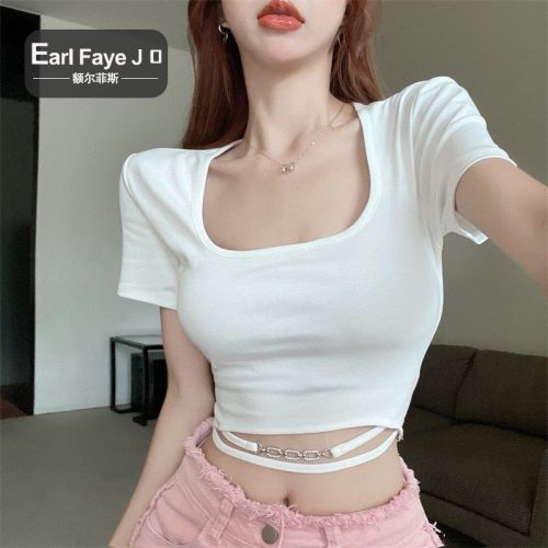 [Positive shoulder pure cotton] pure desire sweet hot girl sexy navel exposed short square collar top design sense short-sleeved t-shirt female summer