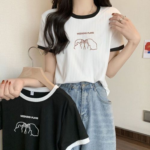 High waist short short-sleeved T-shirt women's summer ins tide loose Korean version of niche foreign style age-reducing chic Hong Kong-style top clothes