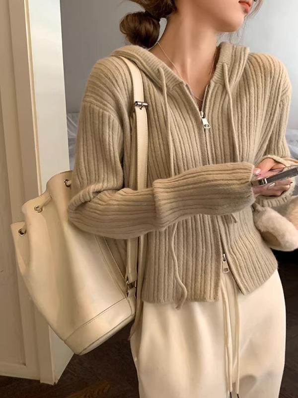 Korean chic chic double zipper hooded knitted cardigan women's spring and autumn high-quality sense short sweater jacket jacket