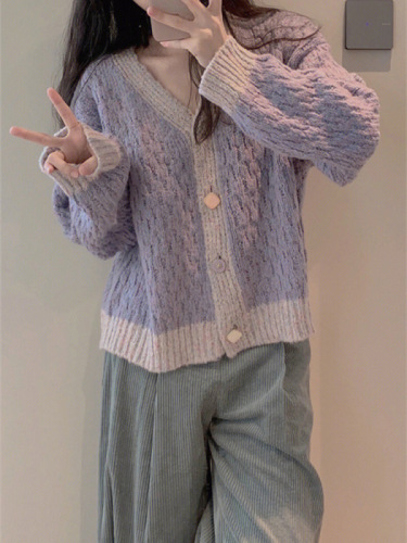 Taro purple v-neck sweater coat women's autumn and winter Korean style small fragrant milk fufu lazy loose soft waxy knitted cardigan
