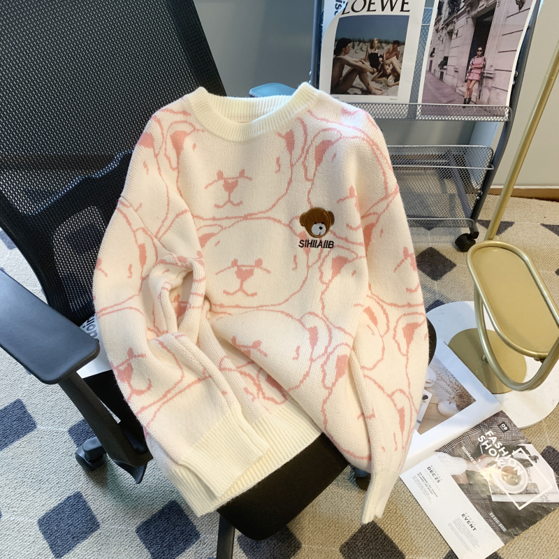 Bear sweater girl outer wear autumn and winter 2023 new college style loose bottoming pullover sweater