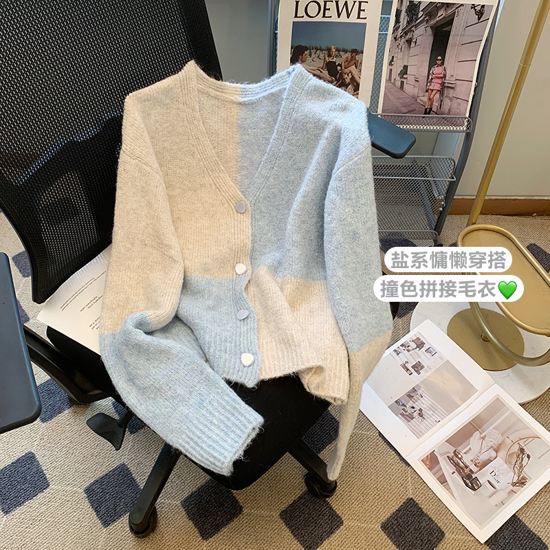 Korean style 2023 spring and autumn new soft glutinous color contrast plaid lazy style age-reducing V-neck knitted cardigan women's all-match