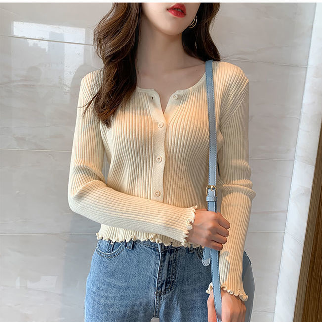 2023 new style wooden ear edge knitted cardigan jacket female short spring and autumn thin section BM top knitted bottoming sweater female