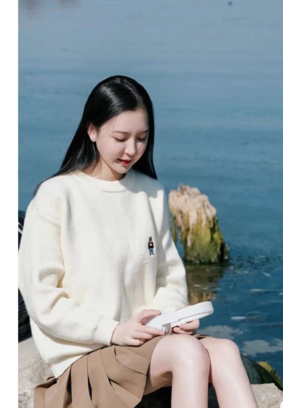 2023 autumn and winter new style / soft waxy and gentle embroidered bear loose simple all-match thickened round neck pullover sweater women
