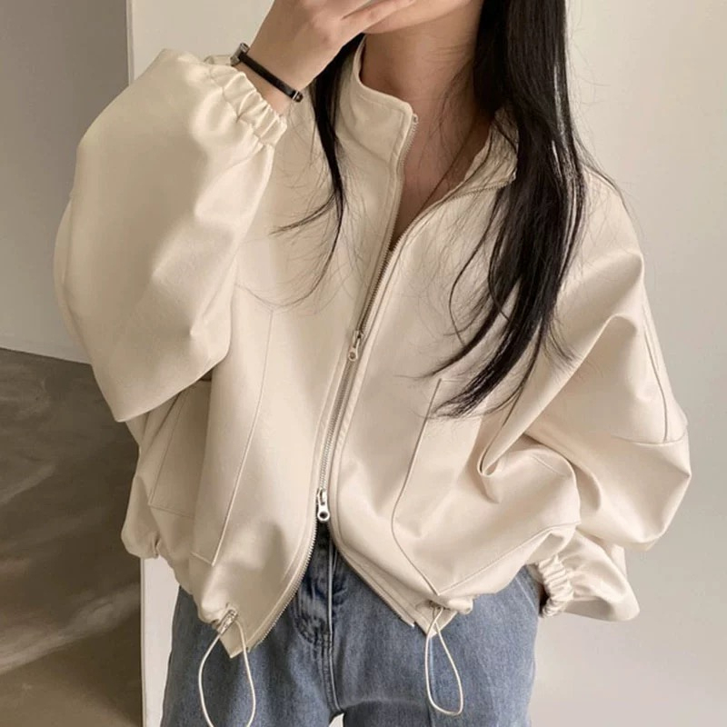 Korean chic autumn niche handsome stand collar zipper large pocket design drawstring tie motorcycle leather jacket female