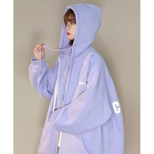 Fat mm300 Jin Hong Kong style chic retro hooded sweater women's spring and autumn thin section loose baseball uniform hooded jacket ins