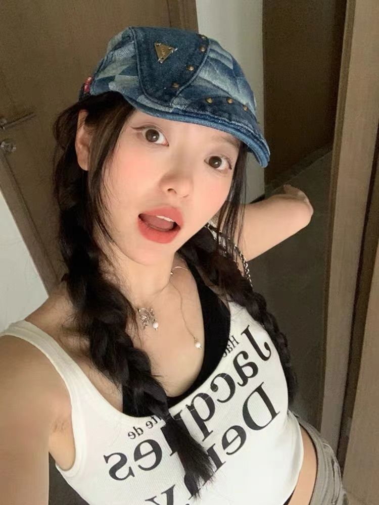 Trendy rivet denim forward hat female y2k subculture big head circumference British style thin section face small beret