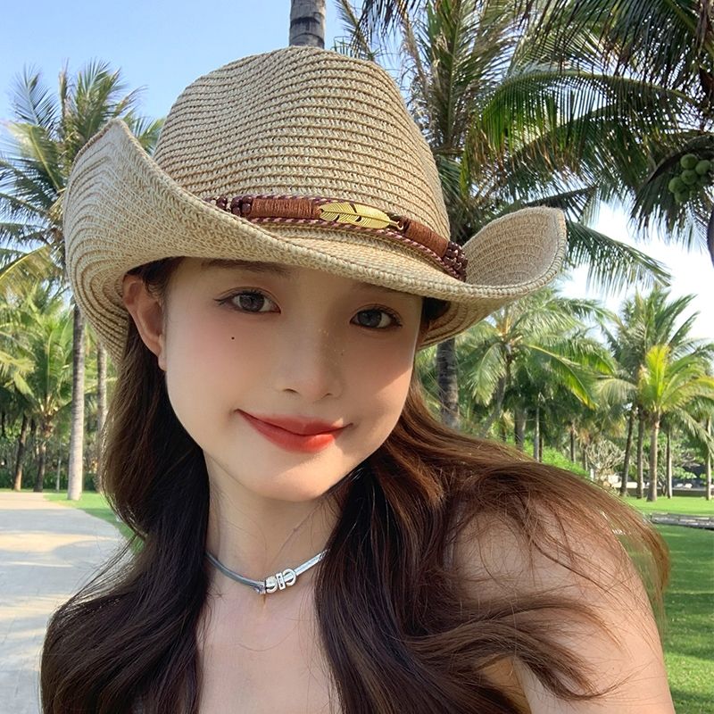 2023 new western cowboy hat summer vacation outing straw hat female sun protection sun visor female retro knight hat male