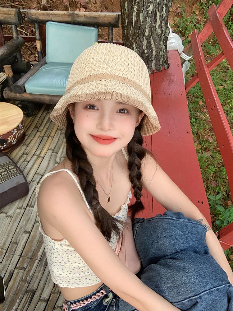Fisherman hat women's all-match spring and summer sunshade show face small solid color big head circumference sunshade bucket basin hat Mori girl straw hat
