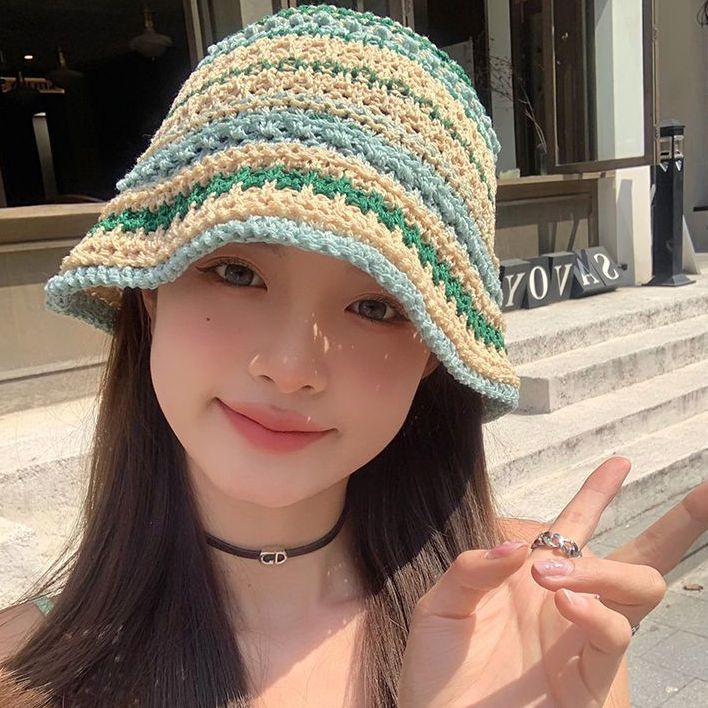 Fashion handmade color matching 2023 new hollow color contrast striped woven fisherman hat sunscreen hat sunshade hat for women