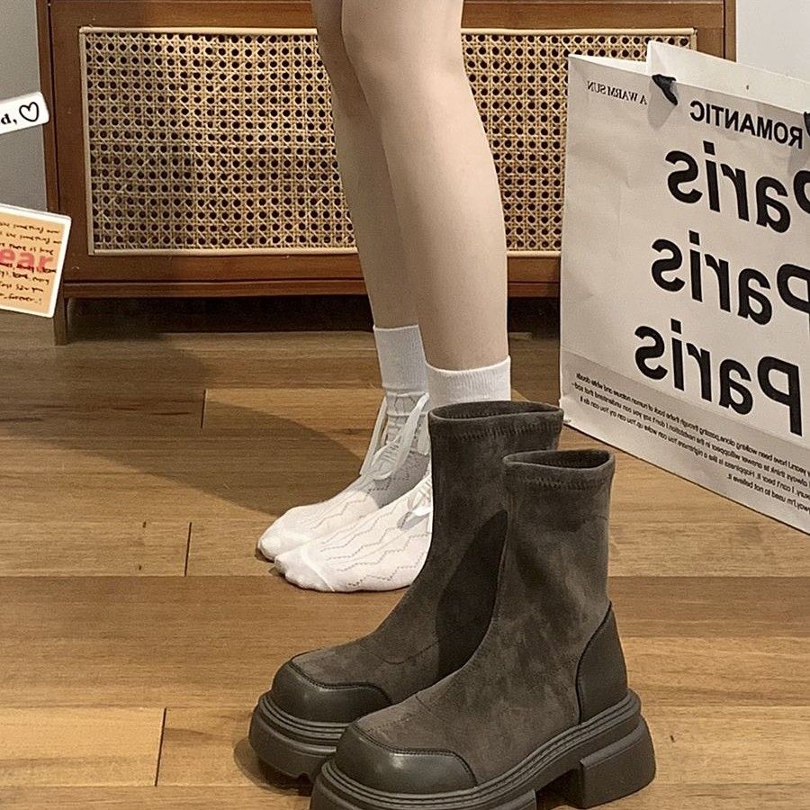 Foot-showing small thick sole retro British style Martin boots for women summer 2023 new brown thick heel increased super hot short boots