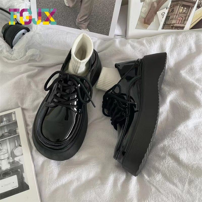 FGJX small leather shoes British style 2023 new loafers black lace-up thick-soled fashionable literary shoes for women