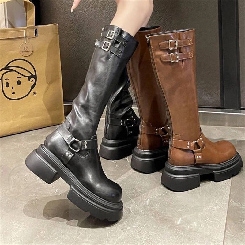 Xiaoxiangfeng thick-soled boots for women 2023 new British style retro western cowboy boots street high knight boots