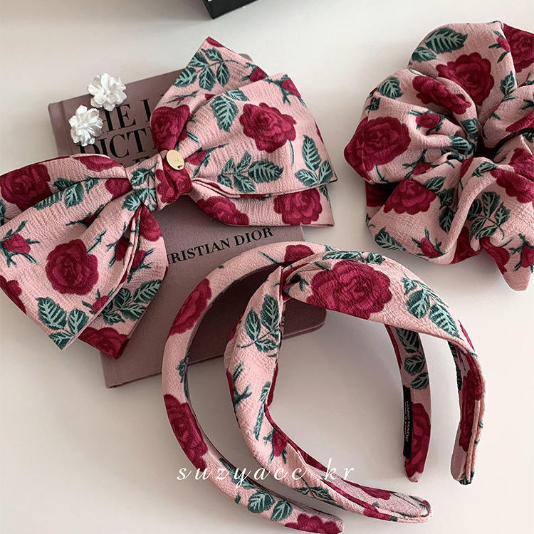 Rose print bow hairpin French retro spring clip back head plate hairpin headdress forest floral hair accessory